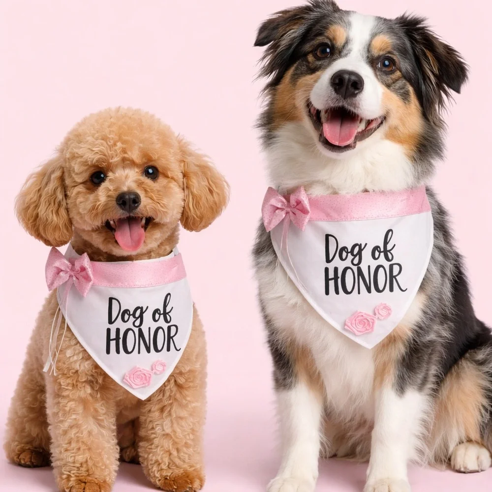 Dog of Honor‎ Bandana Wedding Pink White Bow Roses Sz Medium- 20-50lbs